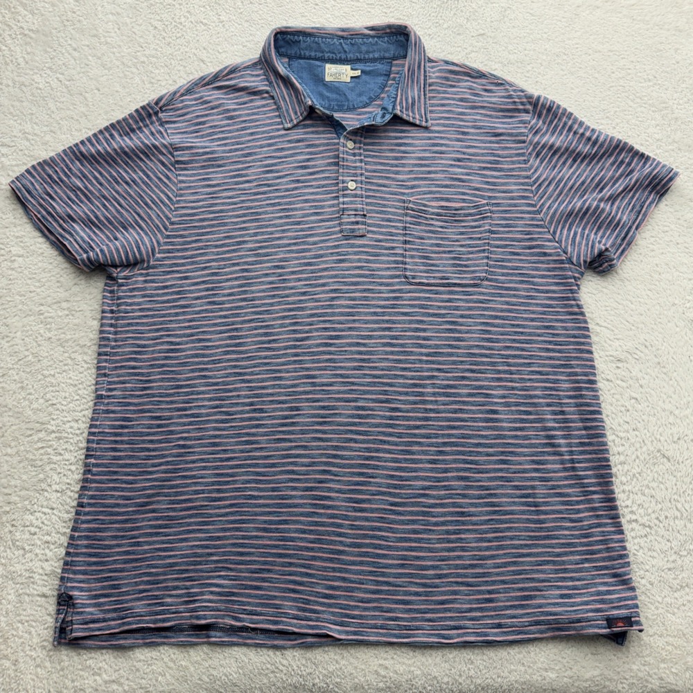 Faherty Brand Mens XXL Polo Shirt Indigo Blue Pink Striped Cotton Short Sleeve